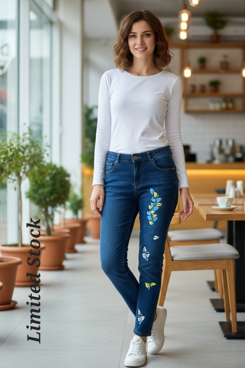 Leaf Motifs Hand Painted Denim