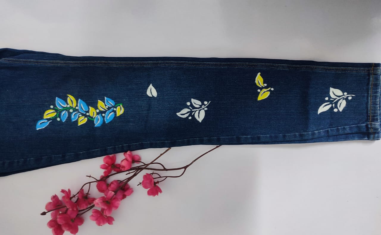 Leaf Motifs Hand Painted Denim