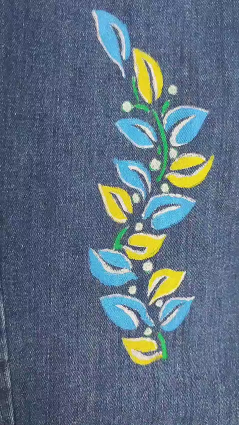 Leaf Motifs Hand Painted Denim